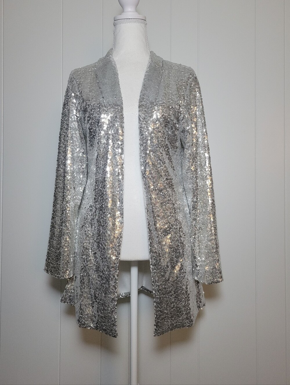 NWT Silver Sequin Blazer Jacket Open Front Party Formal Glam Longline Haoduoyi L